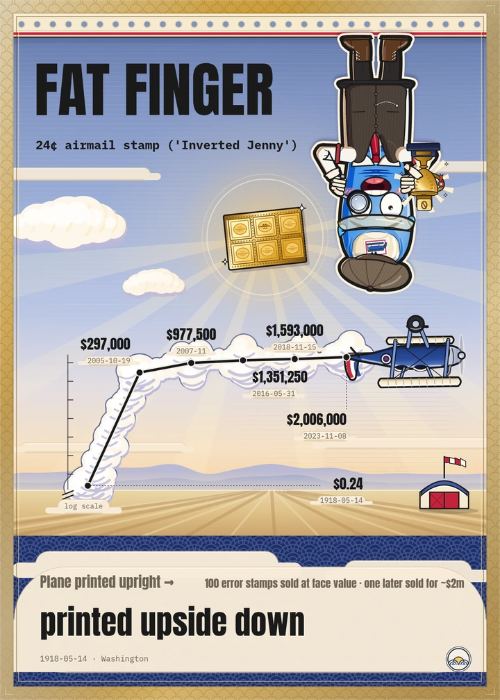 A card about an airmail stamp printed upside down: 0olong hangs upside down in the sky above a price line and a biplane.