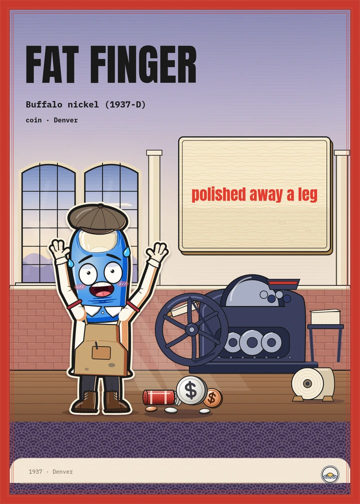 A card with a red frame: 0olong beside a coin press and a sign that reads polished away a leg.