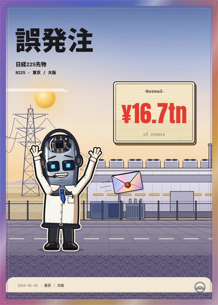 A card titled 誤発注: a robot-eyed 0olong in a white coat, hands up, beside a big plate reading ¥16.7tn of orders.